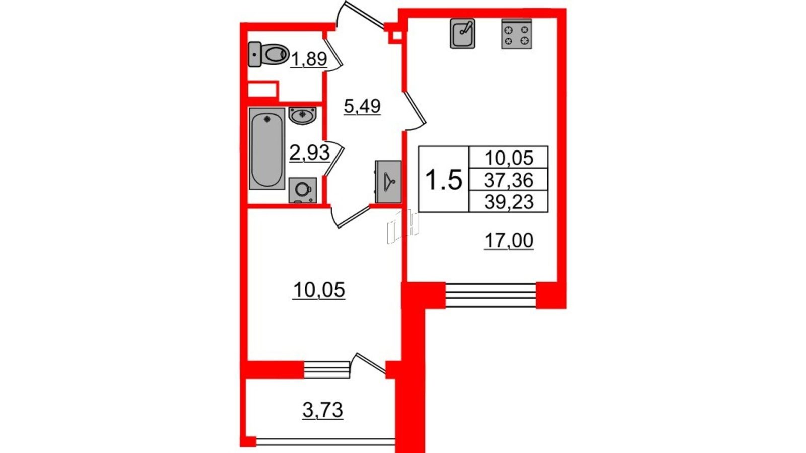 Планировка: 1-комнатная квартира, 37,4 м²