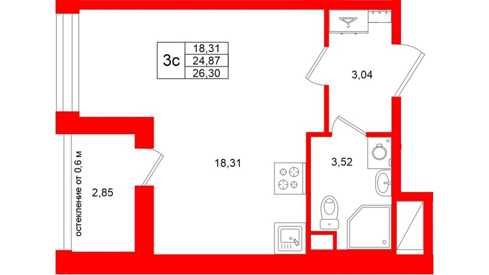 Планировка: студия, 24,9 м²
