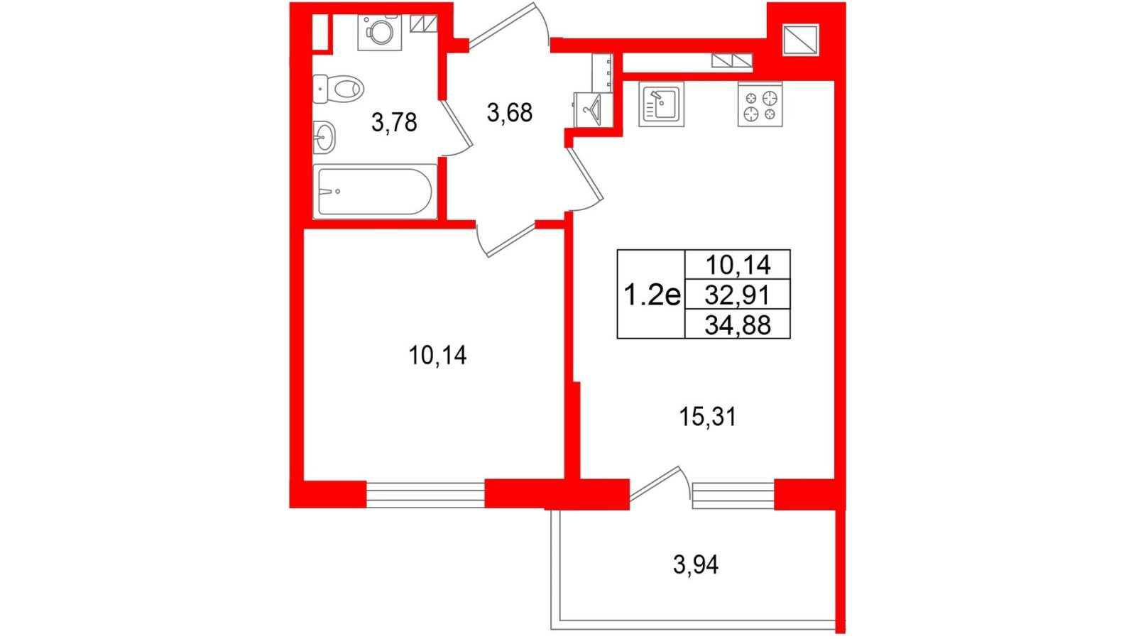Планировка: 1-комнатная квартира, 32,9 м²