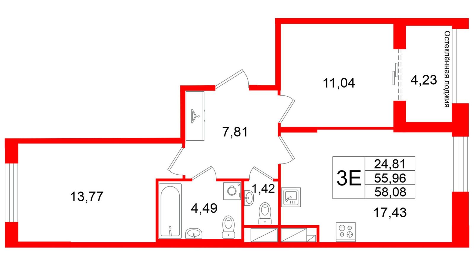 Планировка: 2-комнатная квартира, 56,0 м²