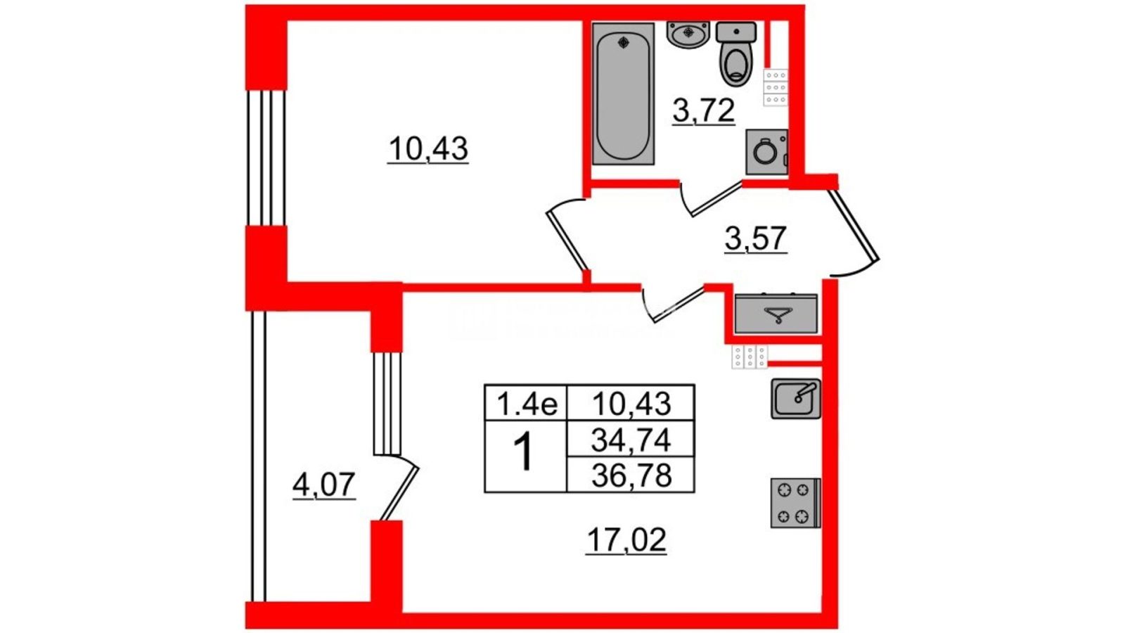 Планировка: 1-комнатная квартира, 34,1 м²