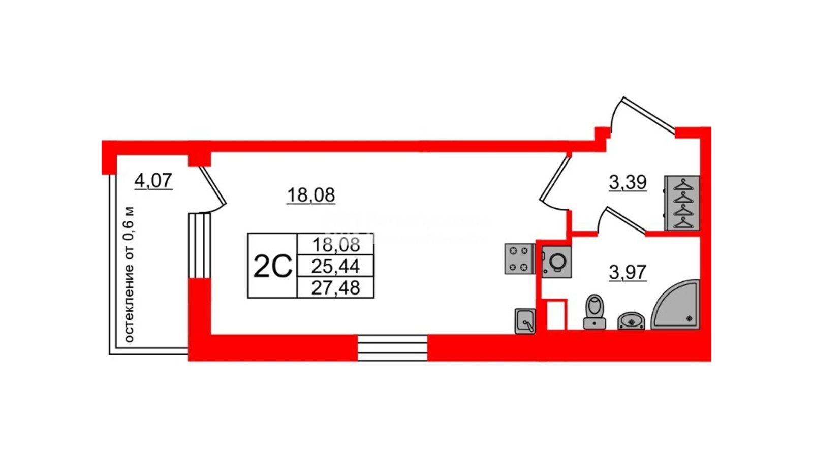 Планировка: студия, 25,4 м²
