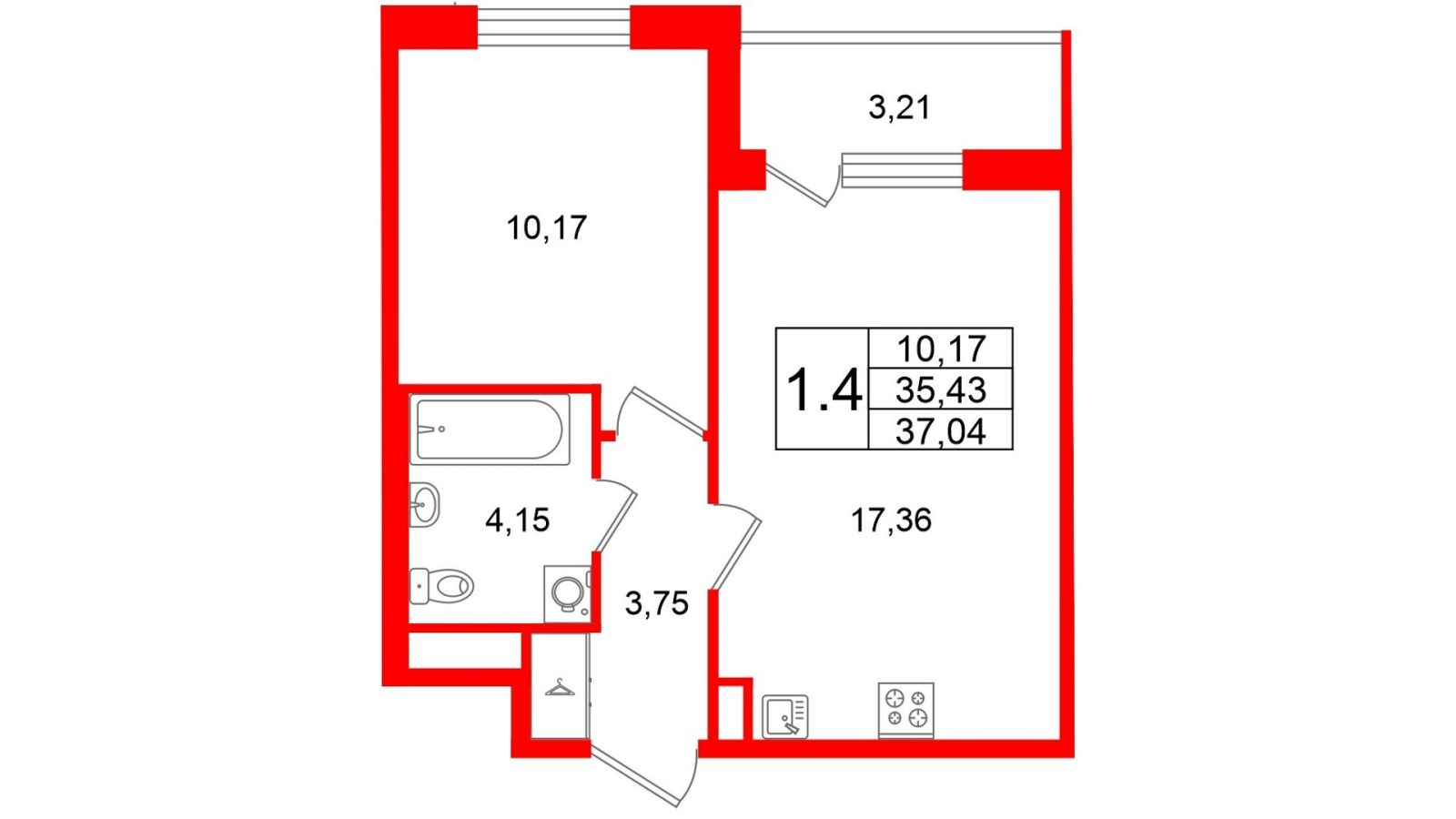 Планировка: 1-комнатная квартира, 35,4 м²