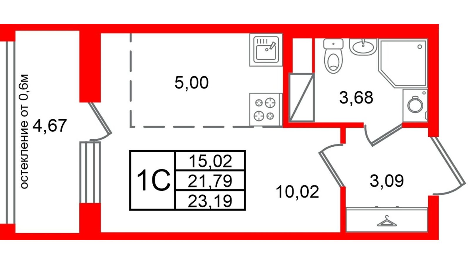 Планировка: студия, 21,8 м²