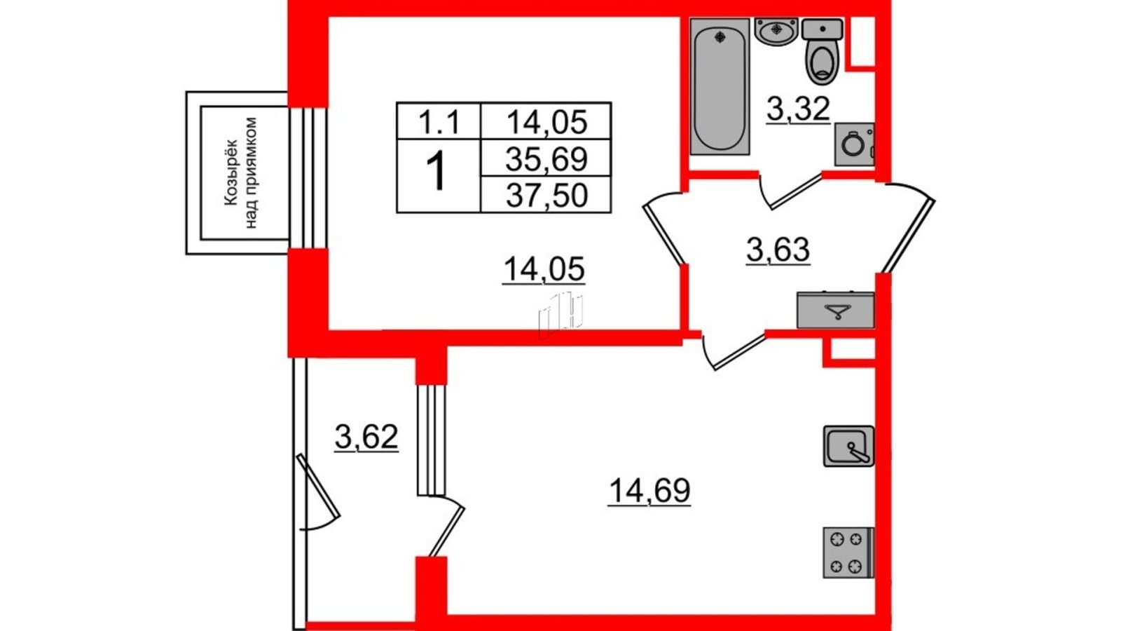 Планировка: 1-комнатная квартира, 34,9 м²