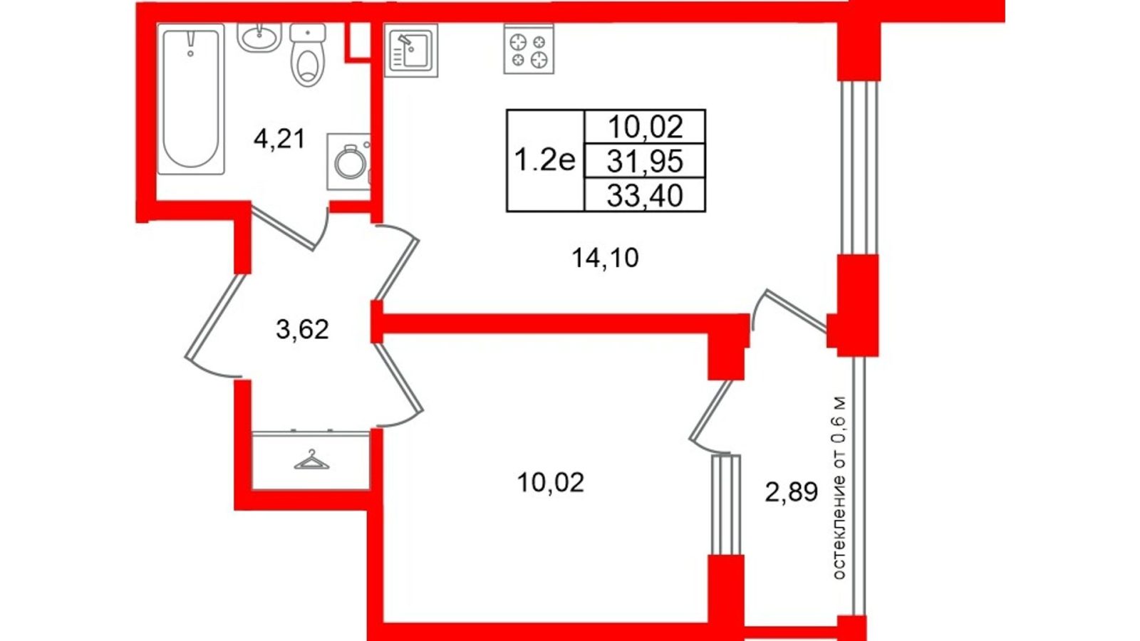 Планировка: 1-комнатная квартира, 32,0 м²