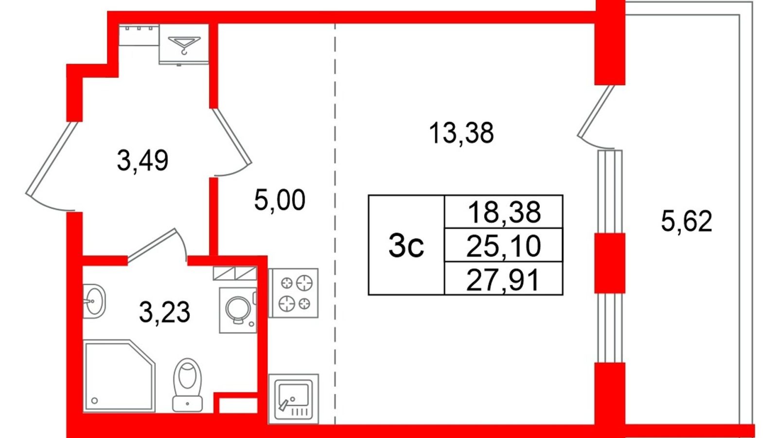 Планировка: студия, 25,1 м²