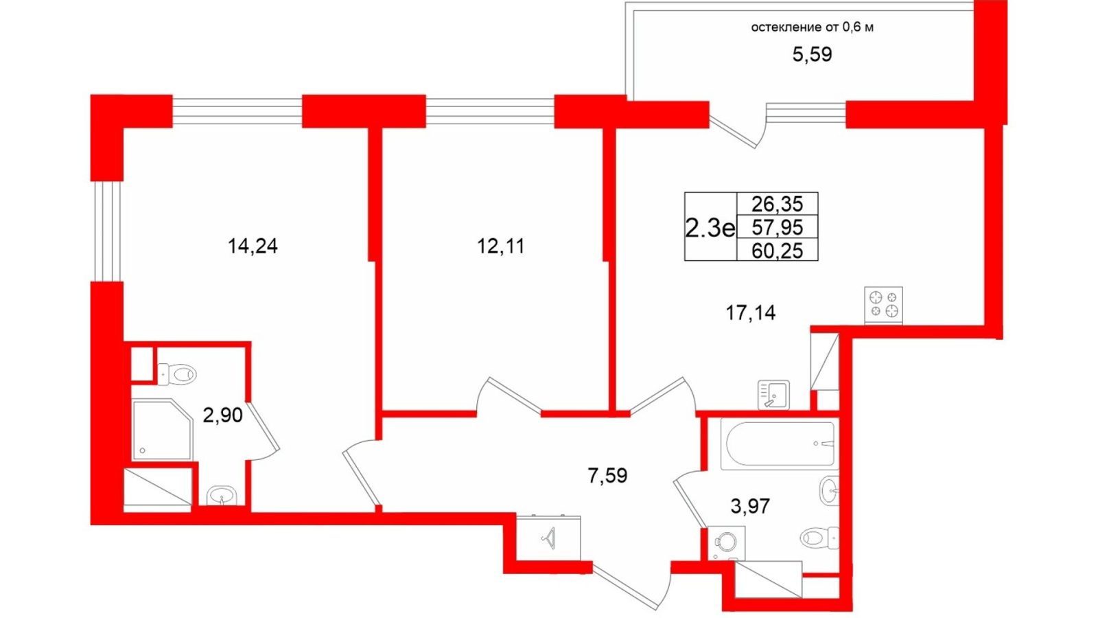 Планировка: 2-комнатная квартира, 58,0 м²