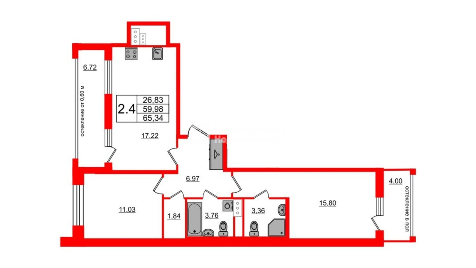 Планировка: 2-комнатная квартира, 60,0 м²