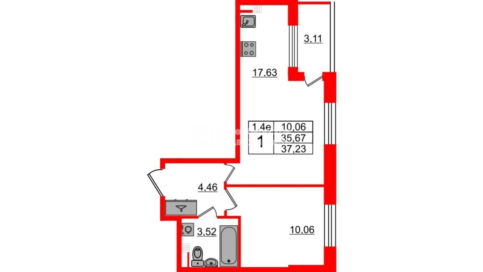 Планировка: 1-комнатная квартира, 34,5 м²