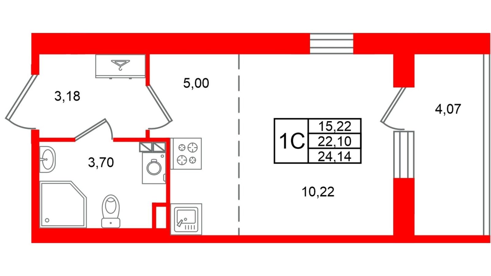 Планировка: студия, 22,1 м²