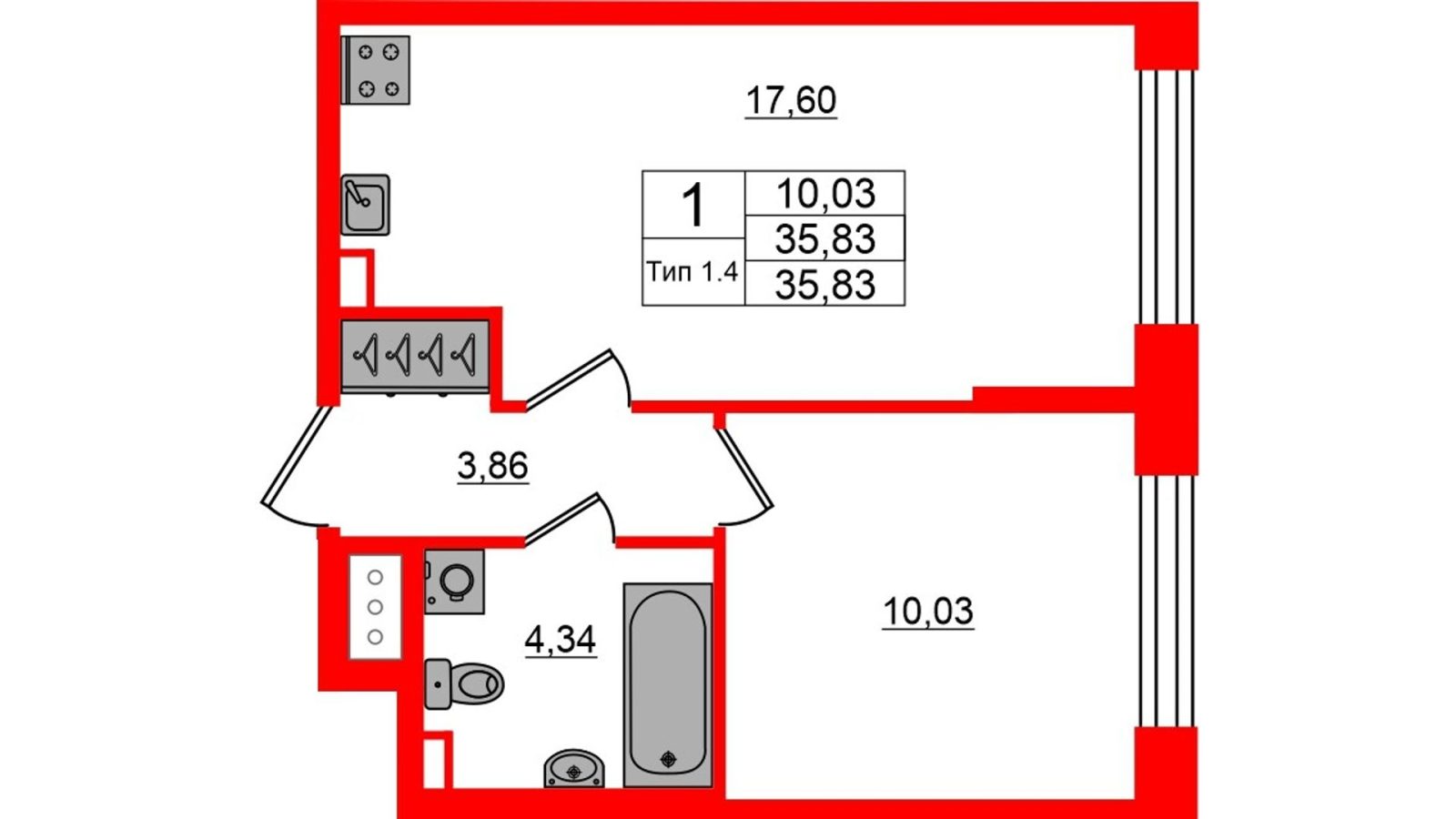 Планировка: 1-комнатная квартира, 35,8 м²
