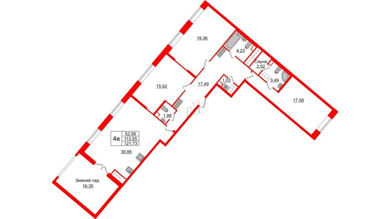 Планировка: 3-комнатная квартира, 112,9 м²