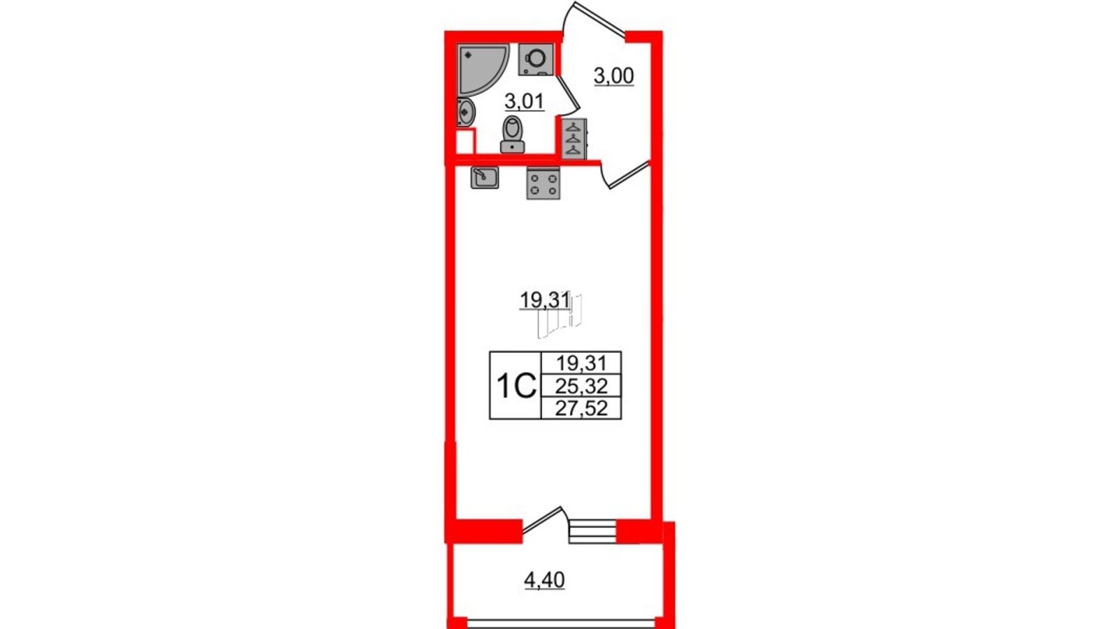 Планировка: студия, 25,3 м²
