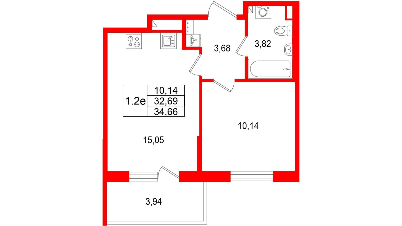 Планировка: 1-комнатная квартира, 32,7 м²