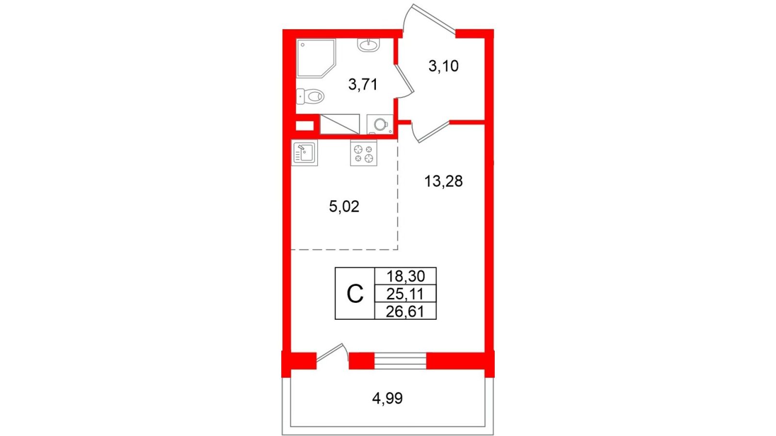 Планировка: студия, 25,1 м²