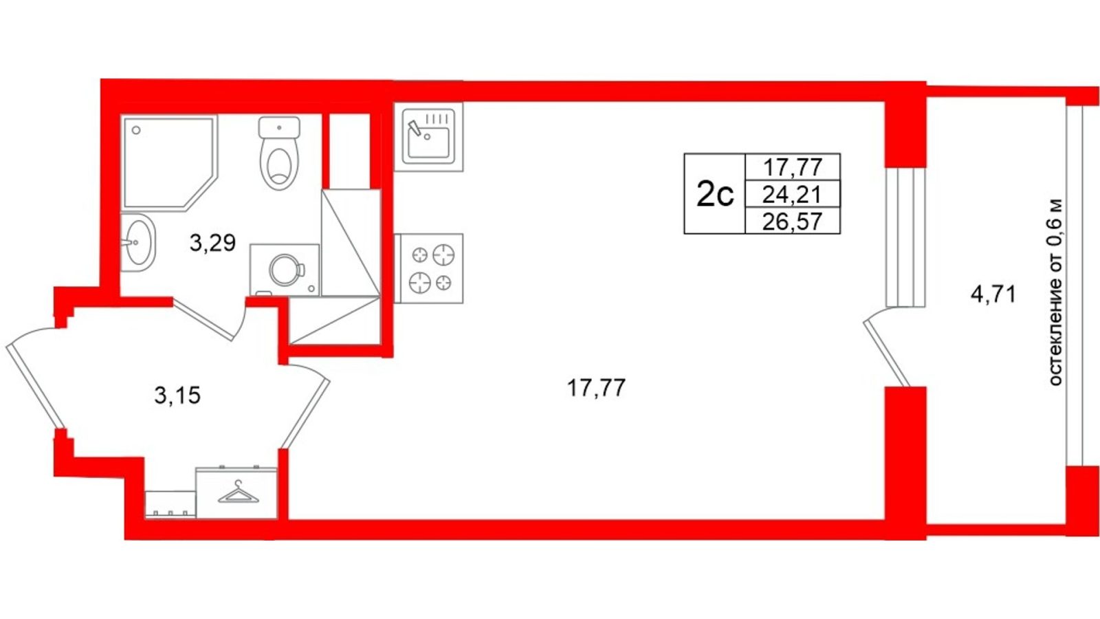 Планировка: студия, 24,2 м²