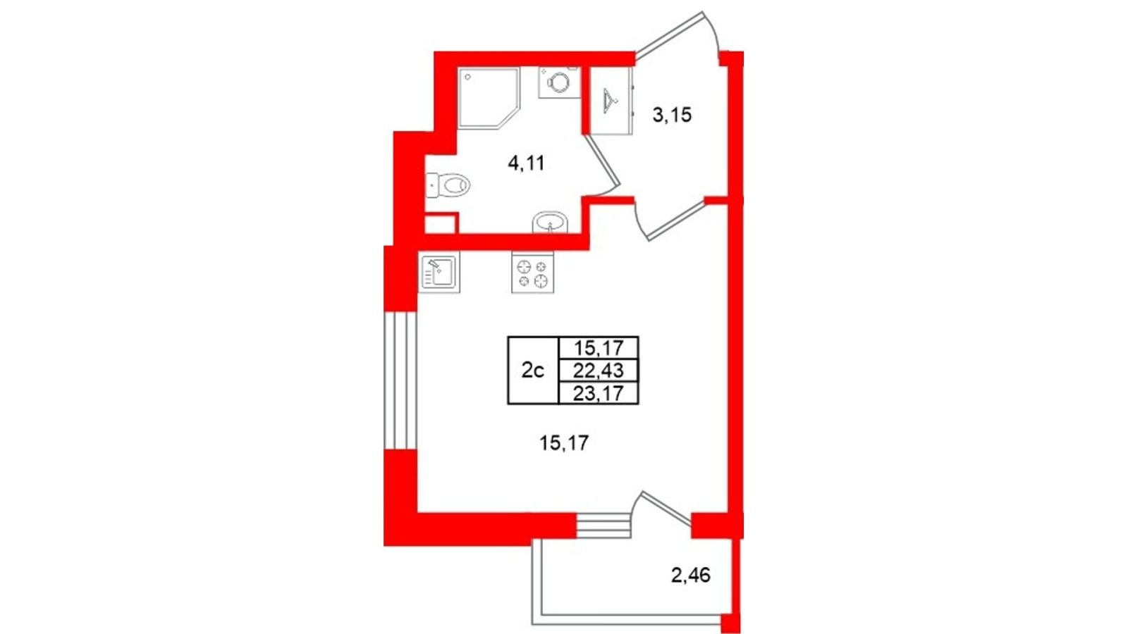 Планировка: студия, 22,4 м²
