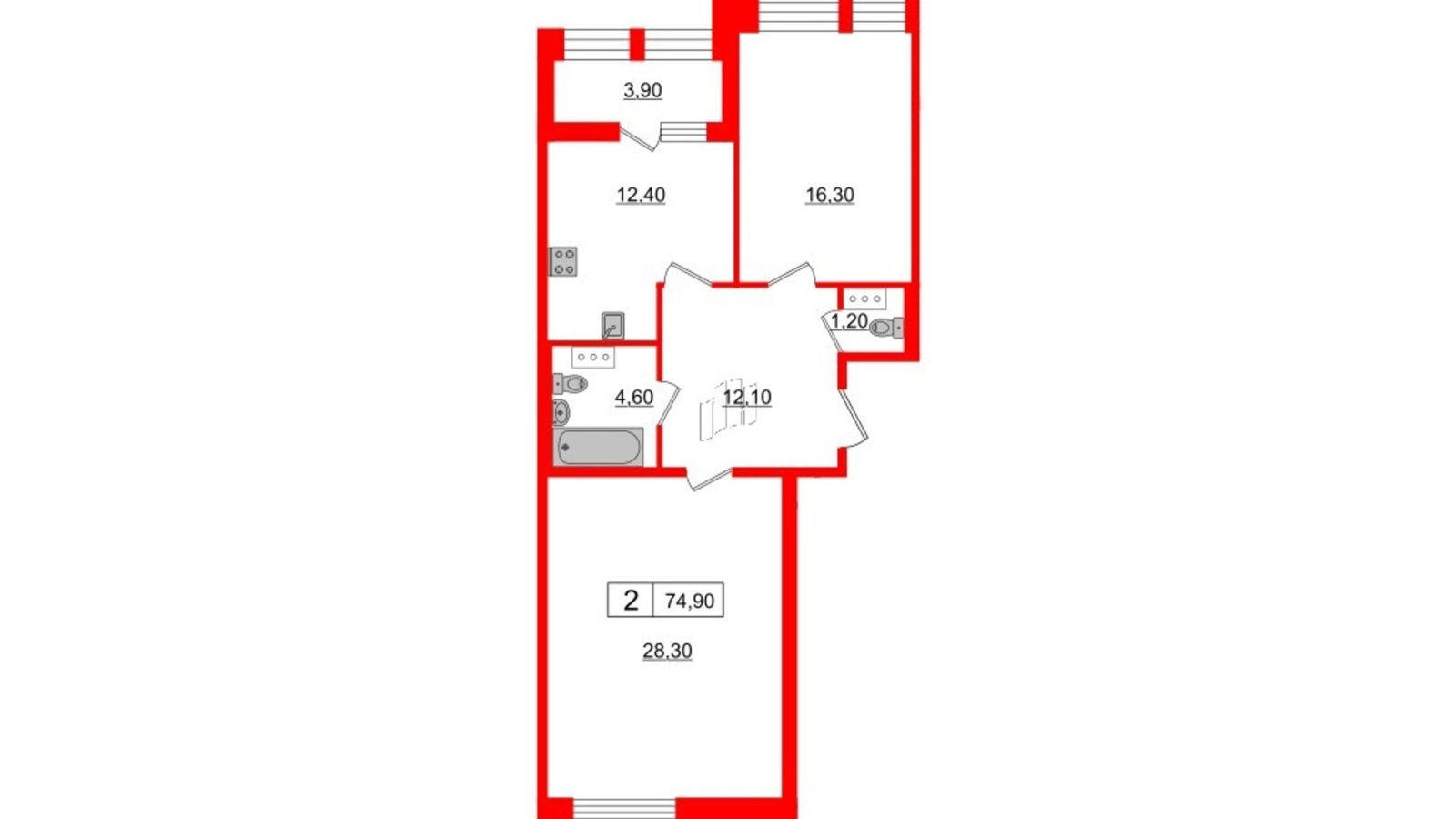 Планировка: 2-комнатная квартира, 74,9 м²
