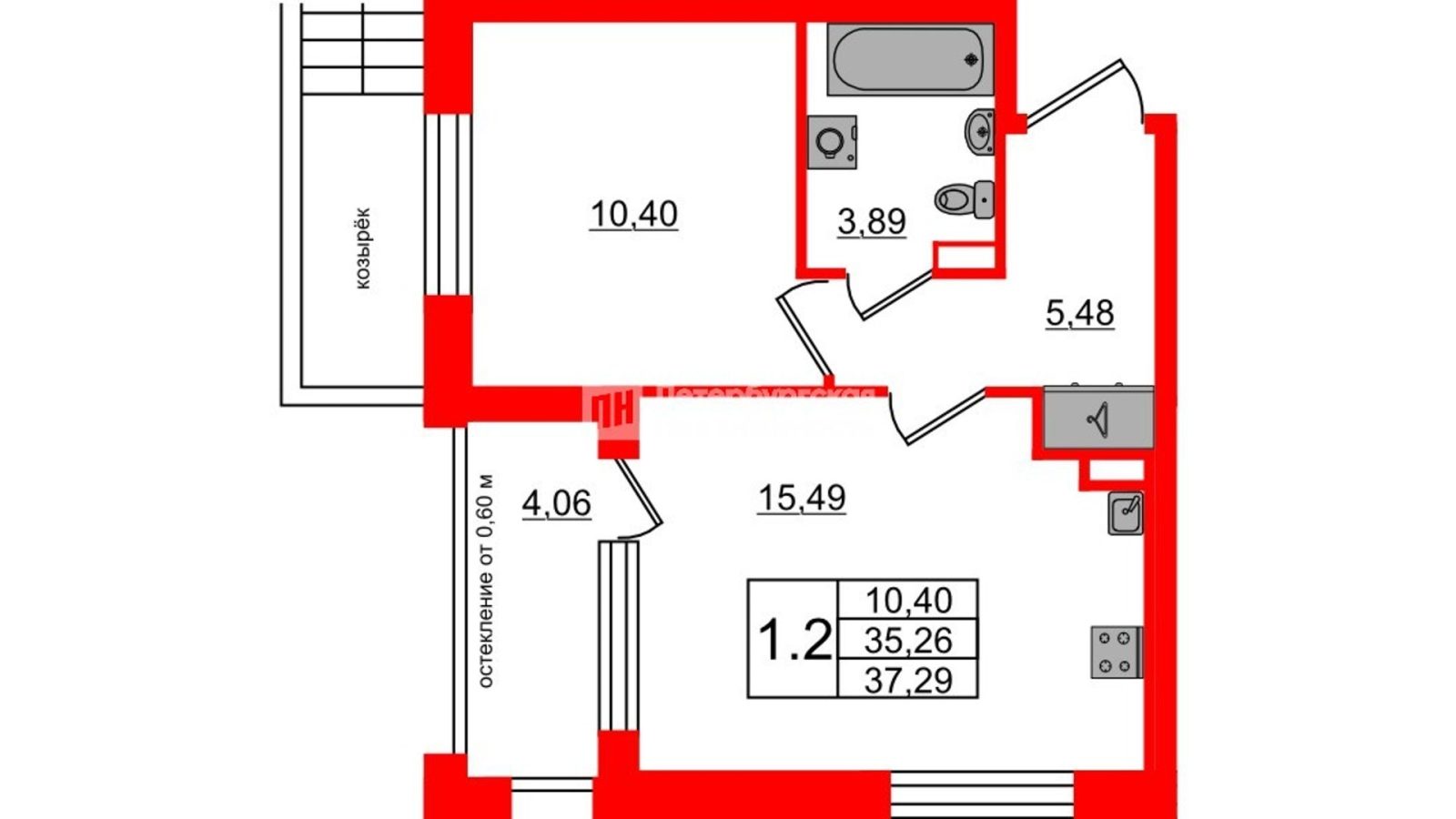 Планировка: 1-комнатная квартира, 35,3 м²