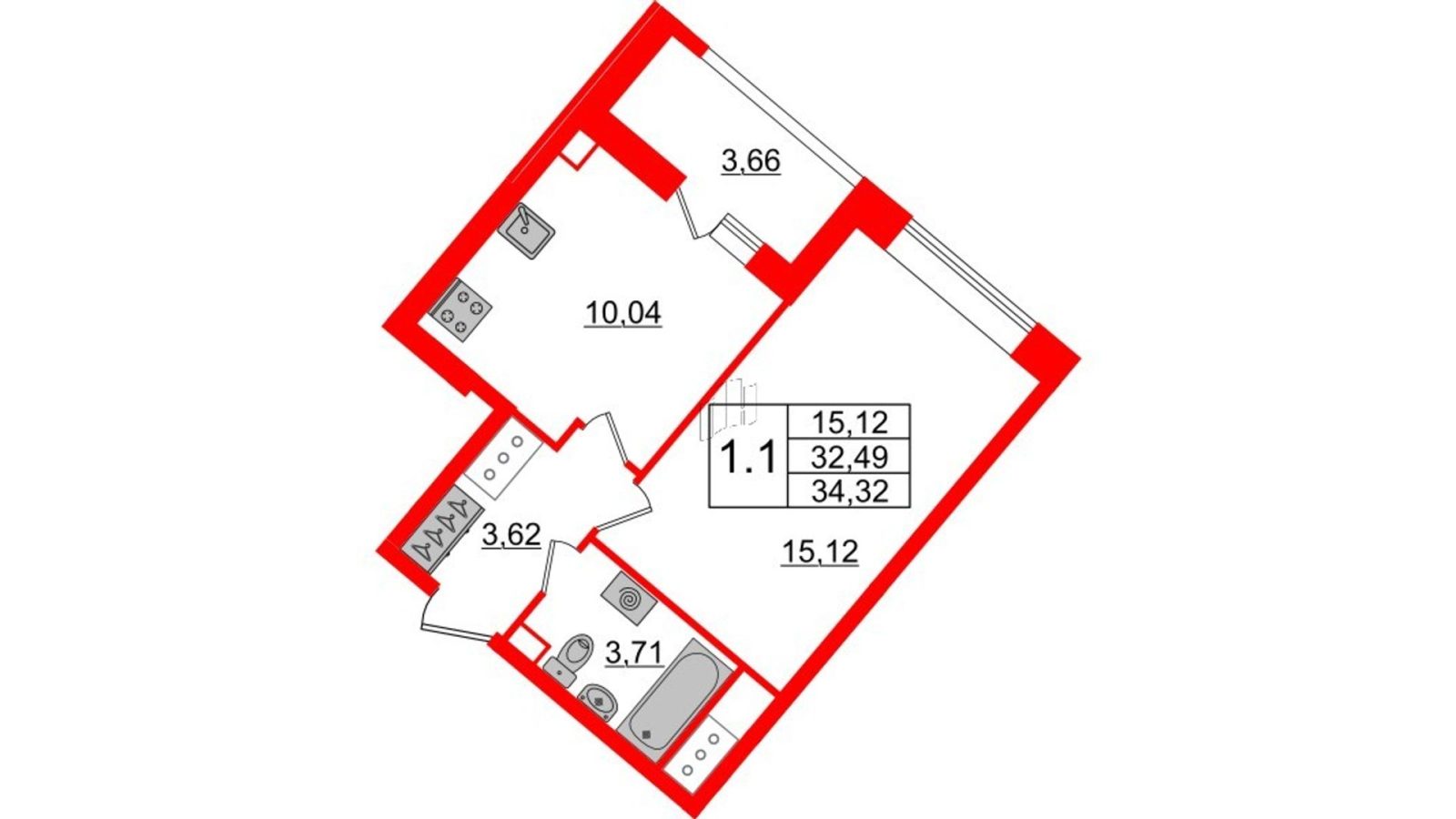 Планировка: 1-комнатная квартира, 31,9 м²