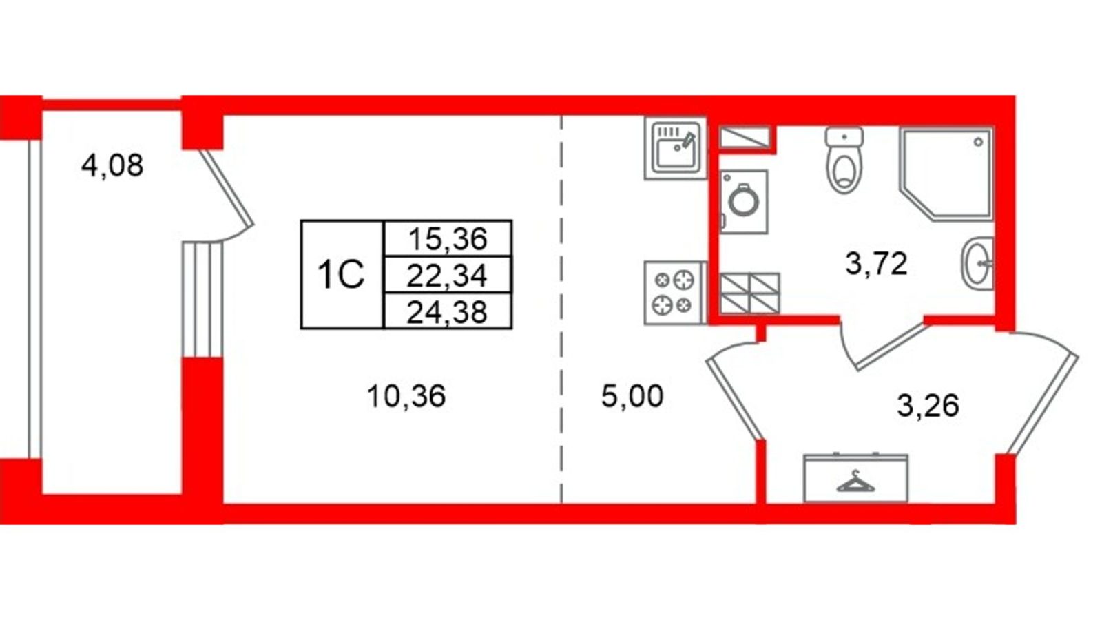 Планировка: студия, 22,3 м²