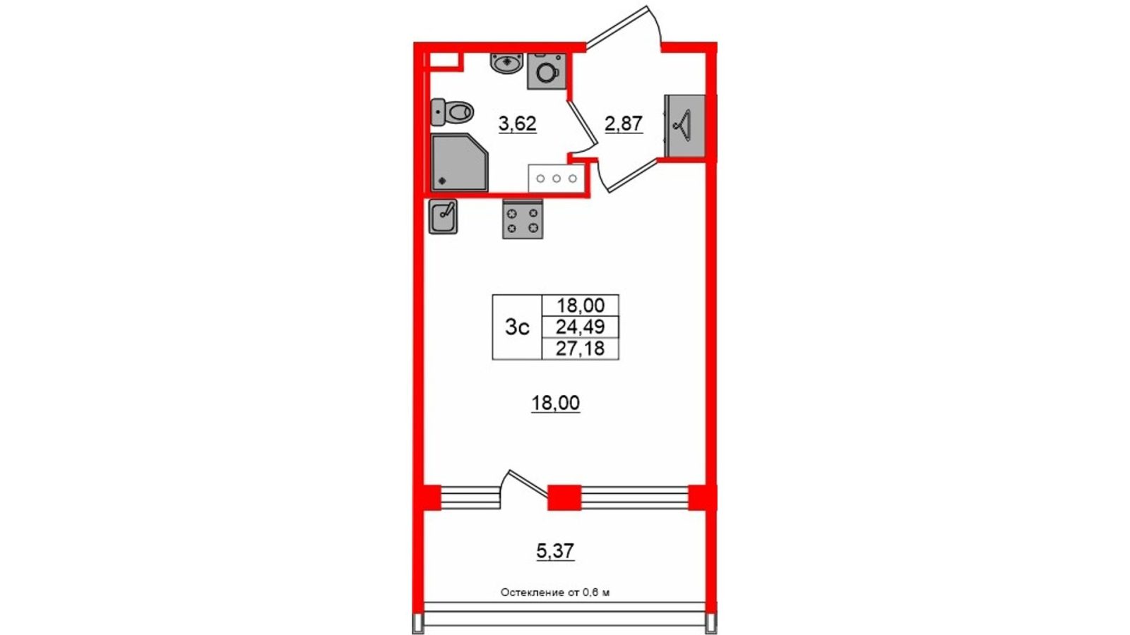 Планировка: студия, 24,5 м²