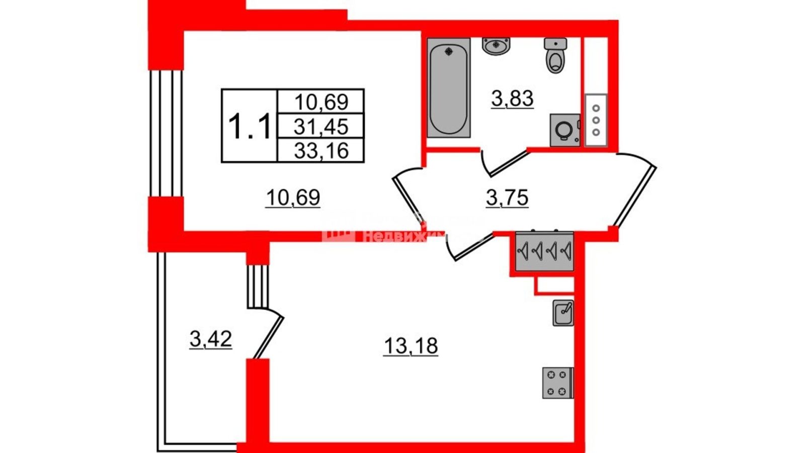 Планировка: 1-комнатная квартира, 31,5 м²