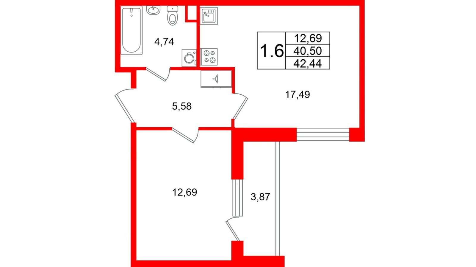 Планировка: 1-комнатная квартира, 40,5 м²