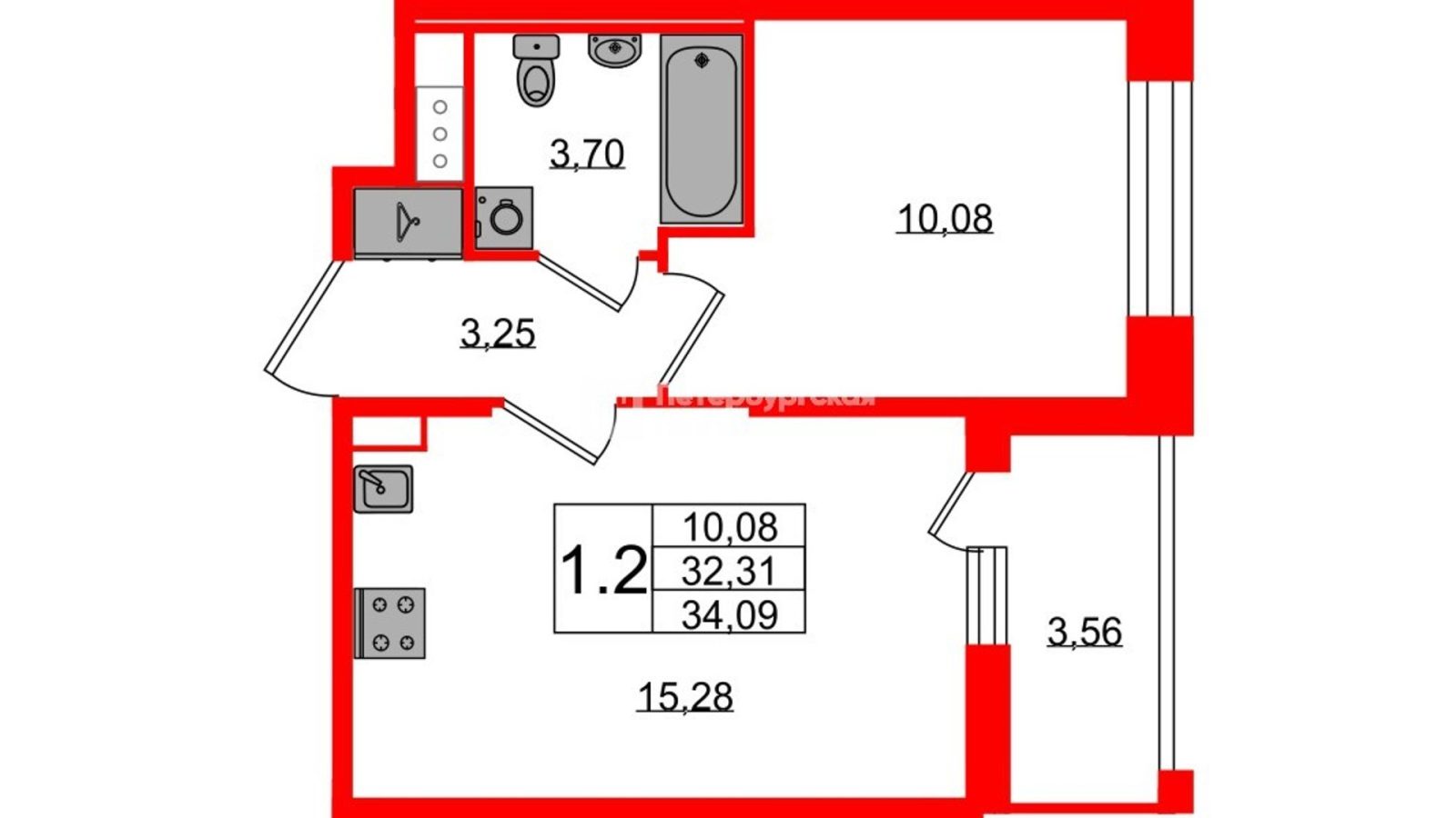Планировка: 1-комнатная квартира, 32,3 м²