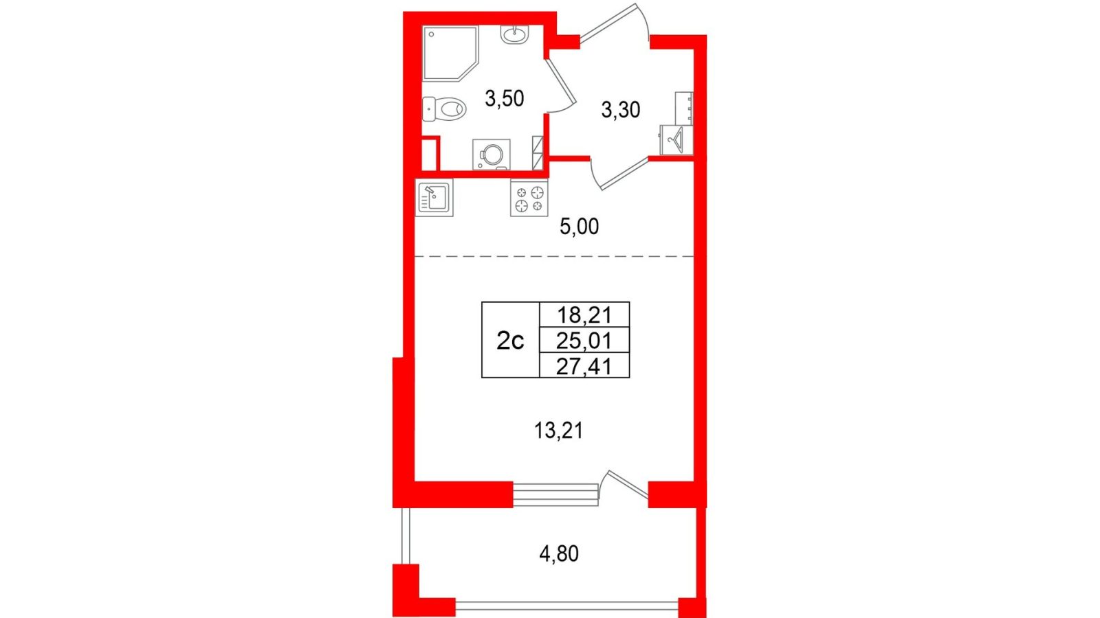 Планировка: студия, 25,0 м²