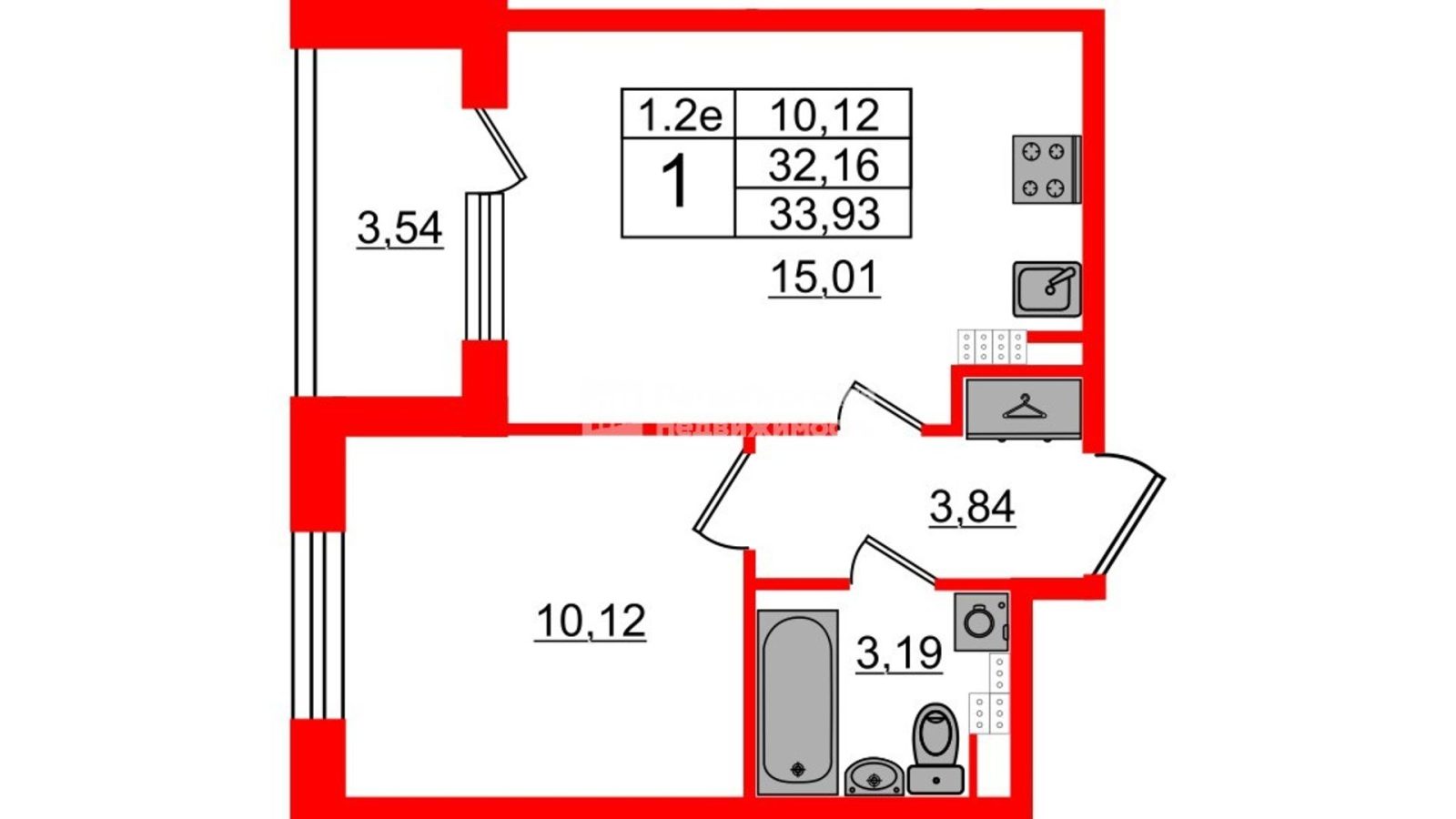 Планировка: 1-комнатная квартира, 31,4 м²