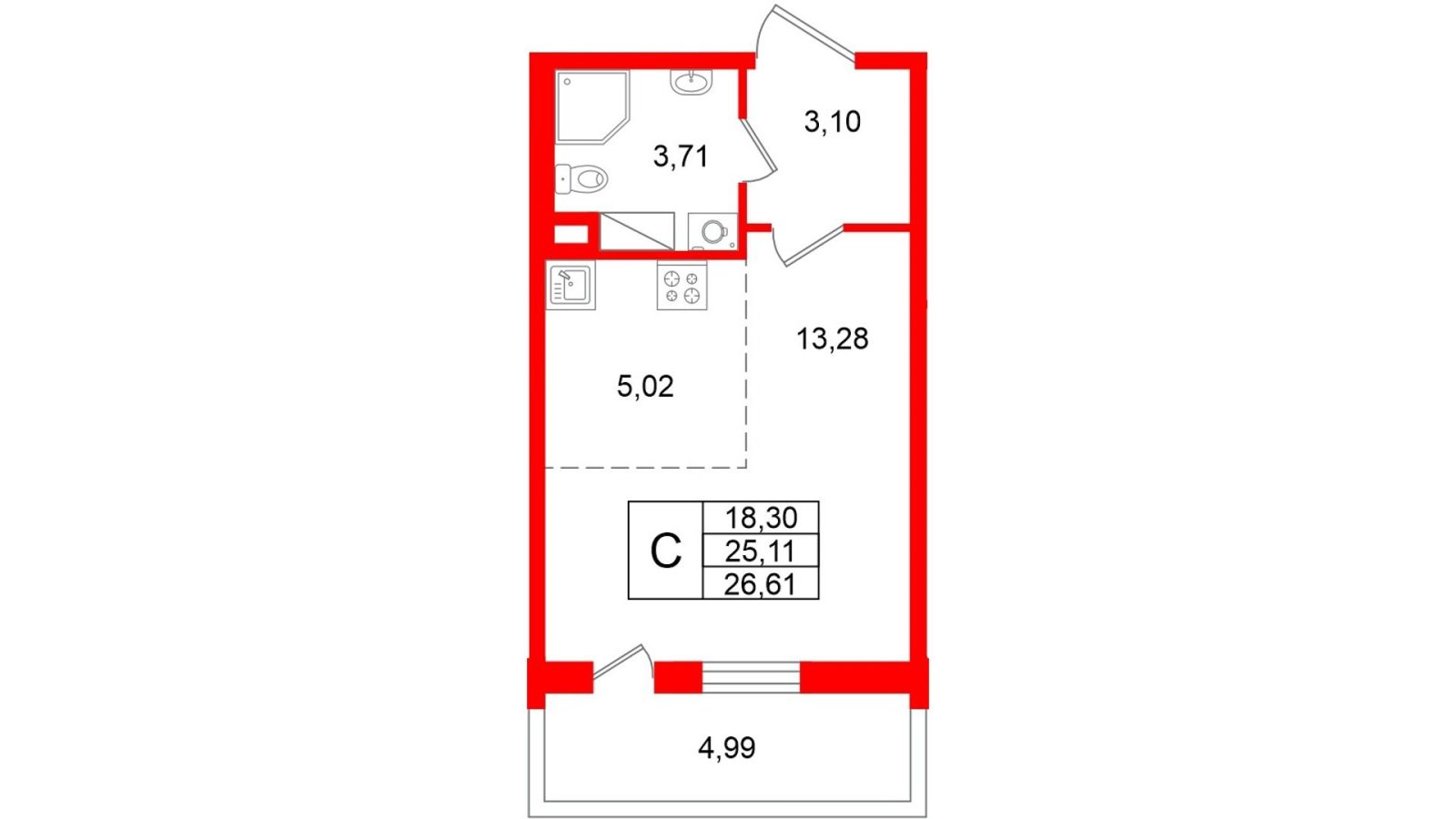 Планировка: студия, 25,1 м²