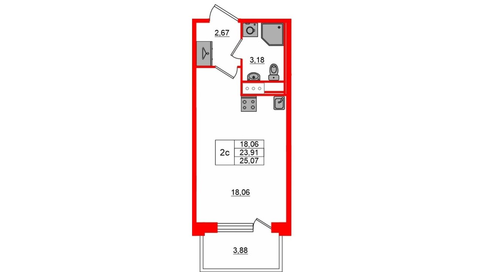 Планировка: студия, 23,9 м²
