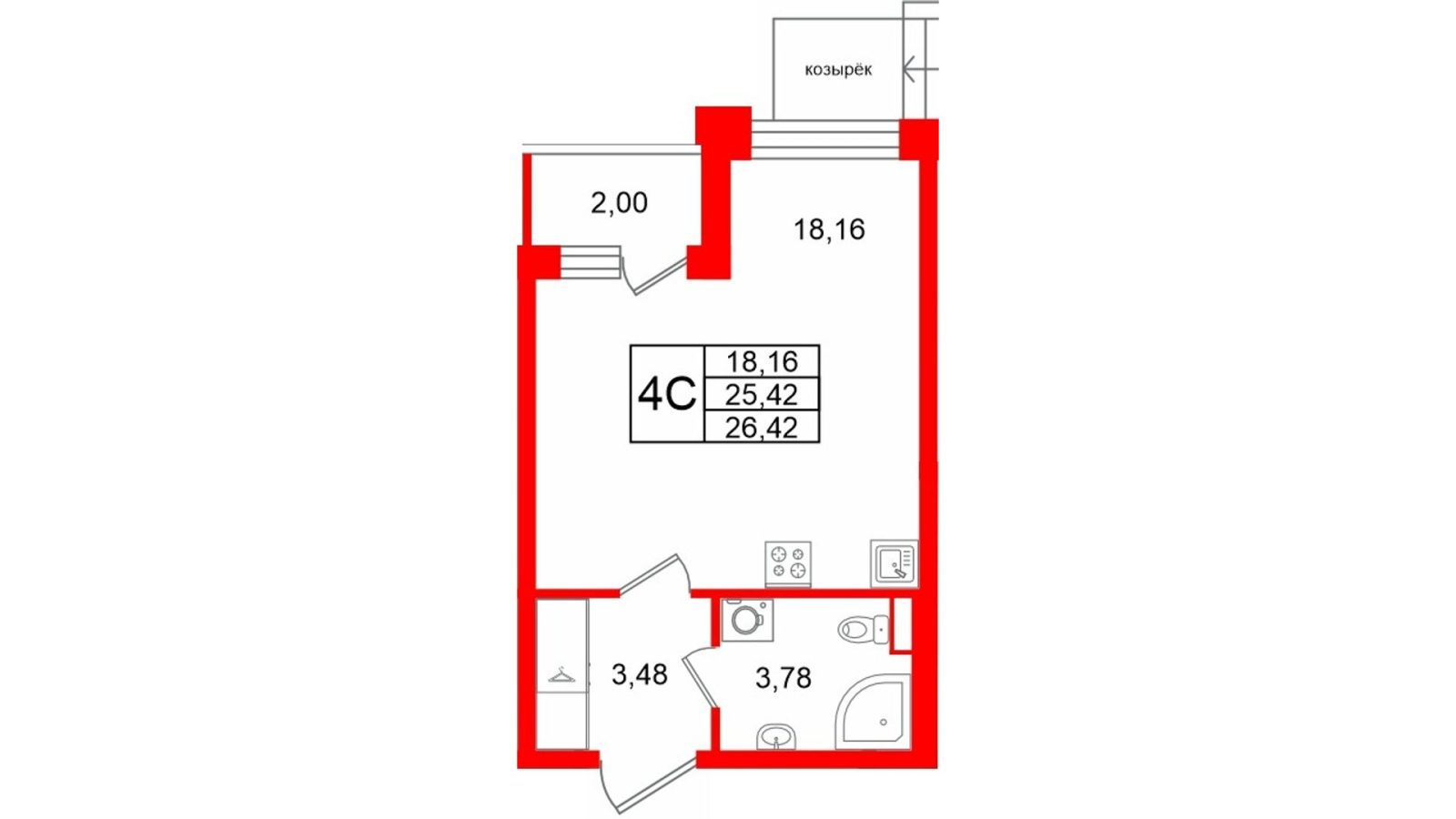 Планировка: студия, 25,4 м²