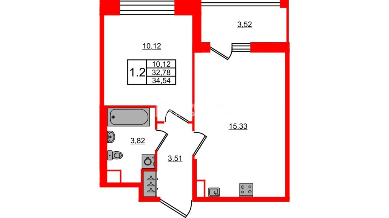 Планировка: 1-комнатная квартира, 32,8 м²