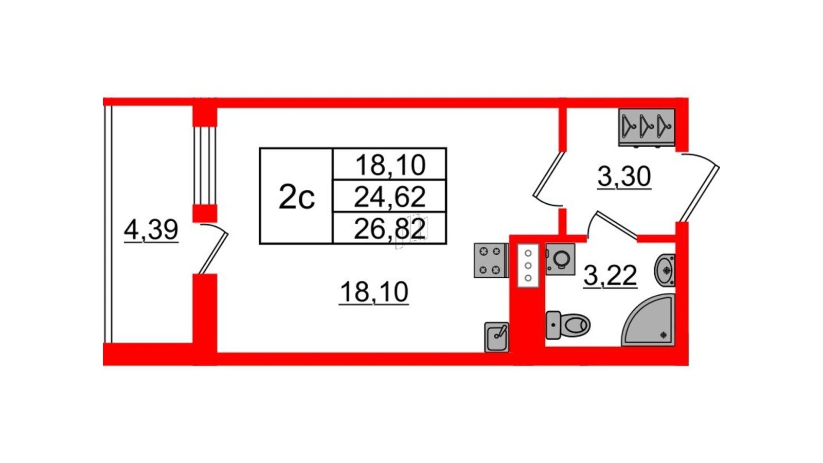 Планировка: студия, 24,6 м²