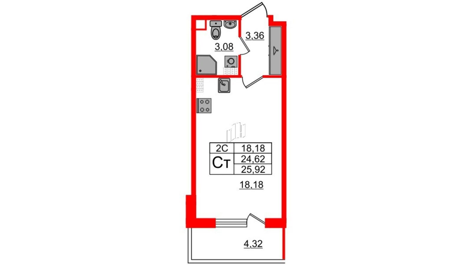 Планировка: студия, 24,3 м²