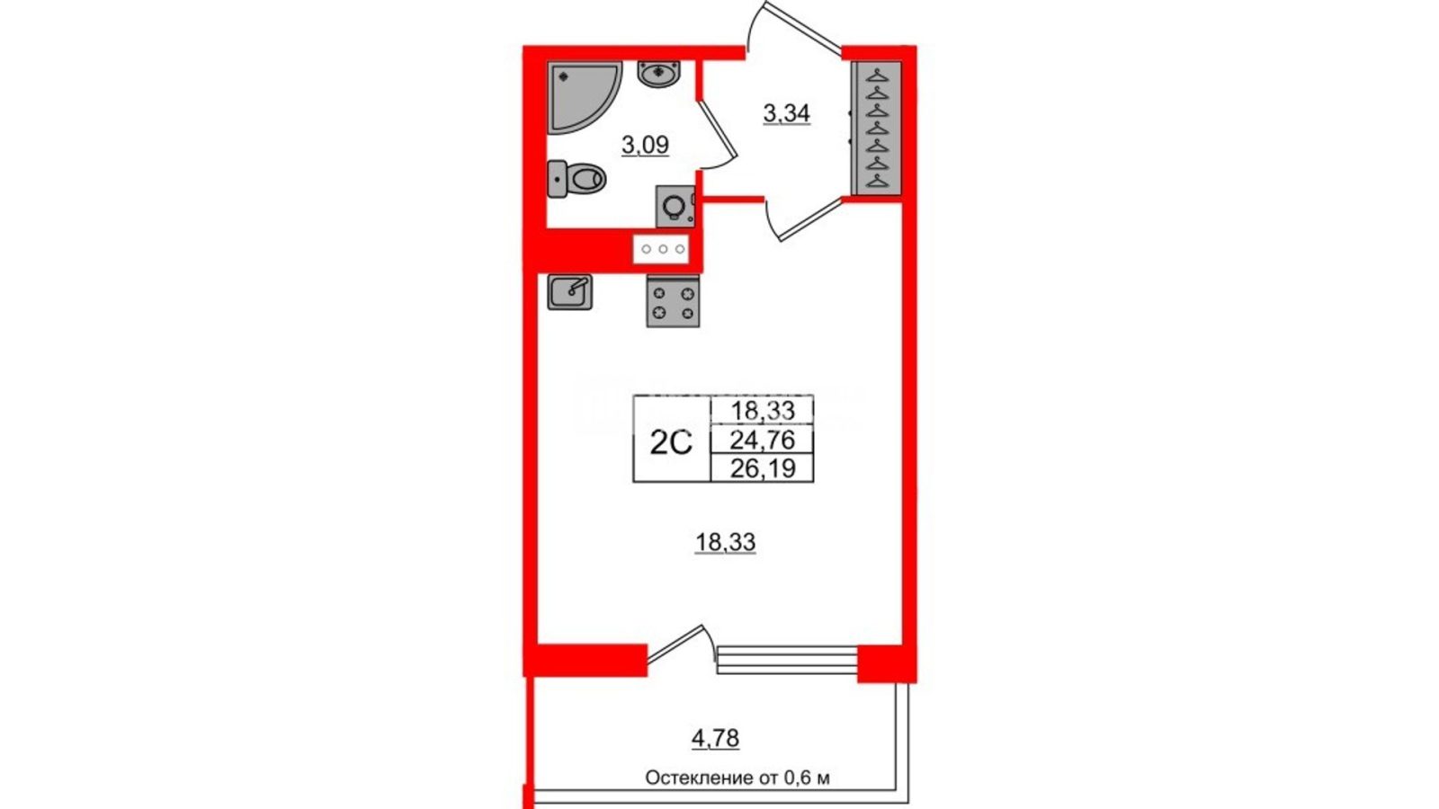 Планировка: студия, 24,8 м²