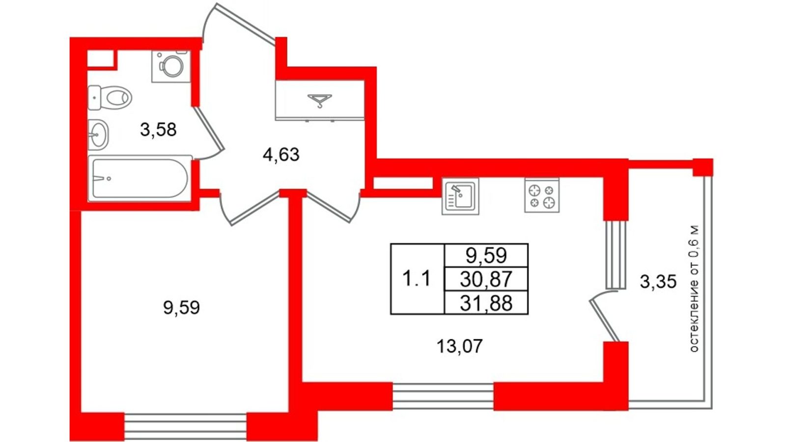 Планировка: 1-комнатная квартира, 30,9 м²