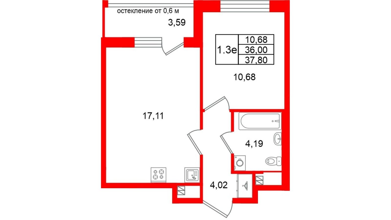 Планировка: 1-комнатная квартира, 36,0 м²