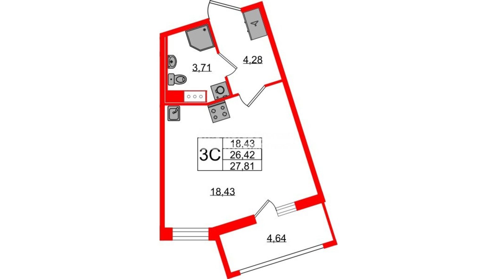 Планировка: студия, 26,4 м²