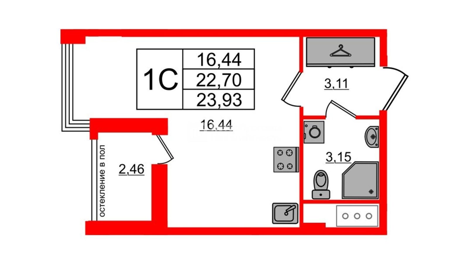 Планировка: студия, 22,7 м²