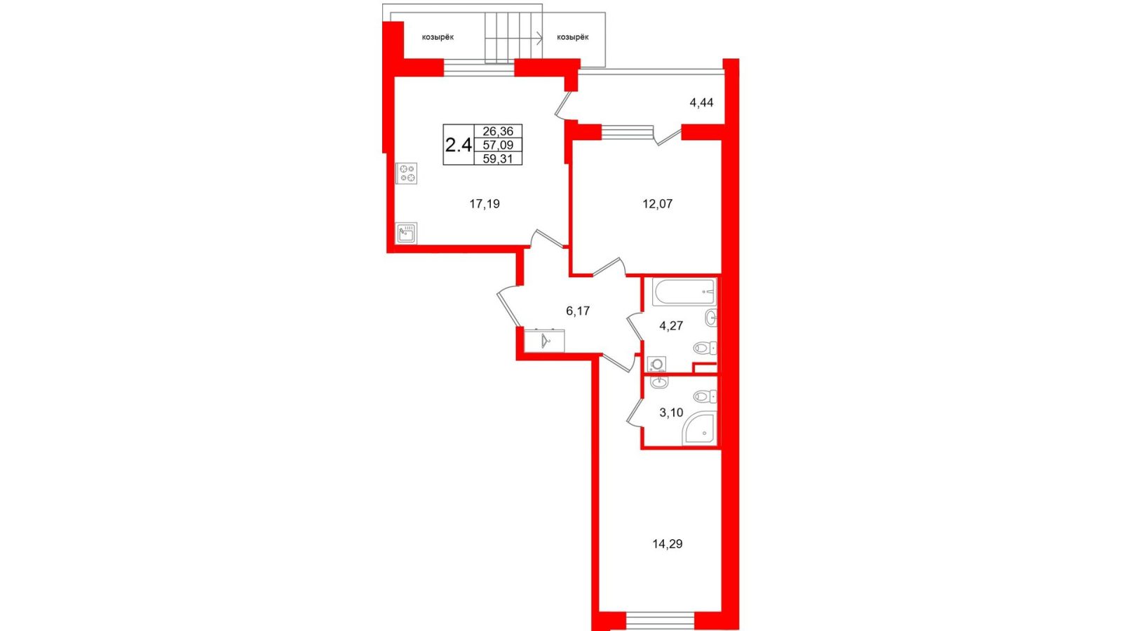 Планировка: 2-комнатная квартира, 57,1 м²