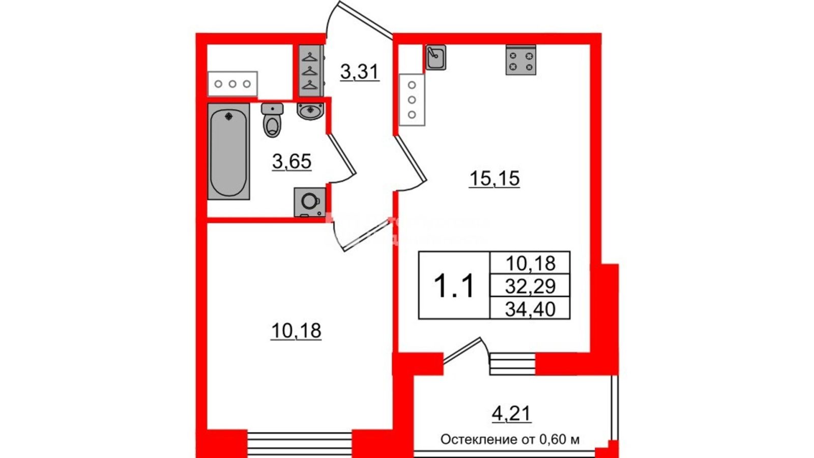 Планировка: 1-комнатная квартира, 32,3 м²