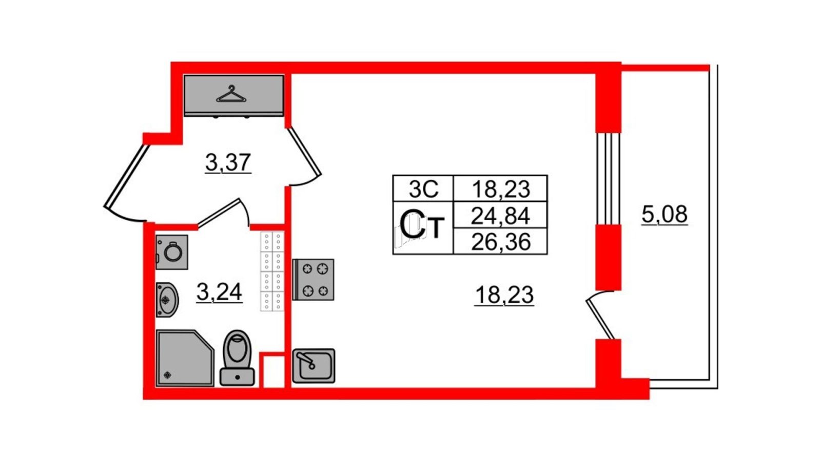Планировка: студия, 24,3 м²