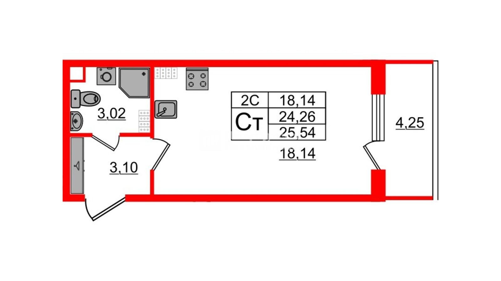 Планировка: студия, 23,8 м²