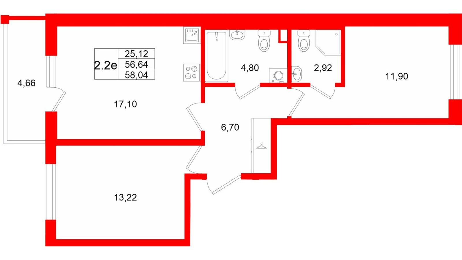Планировка: 2-комнатная квартира, 56,6 м²