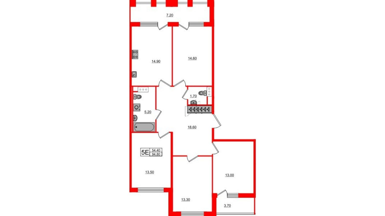 Планировка: 4-комнатная квартира, 94,8 м²