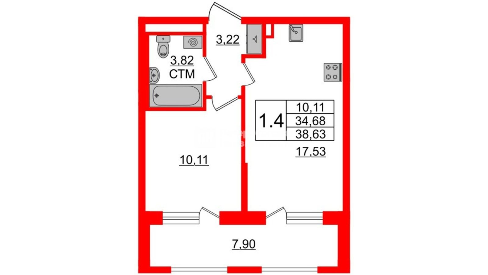 Планировка: 1-комнатная квартира, 34,7 м²